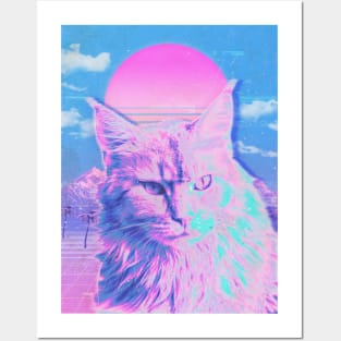 cat synthwave Posters and Art